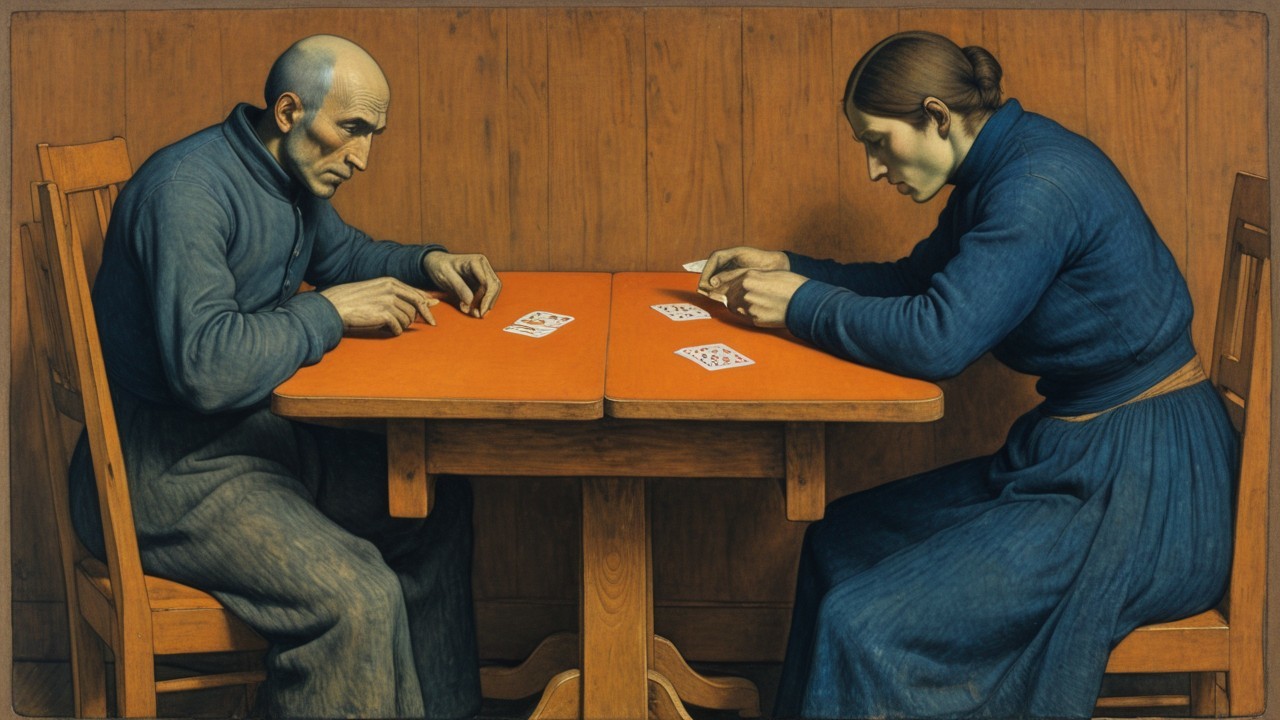 Two Figures Playing Cards at a Wooden Table