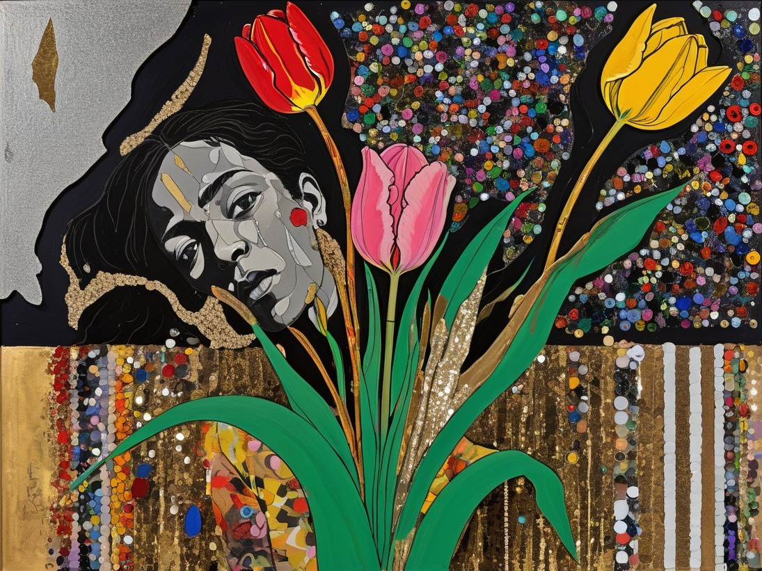 Stylized Portrait of a Woman with Vibrant Tulips
