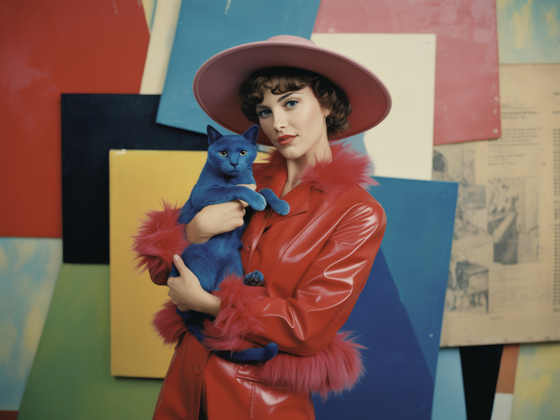 Stylish woman in red coat with blue cat and art backdrop