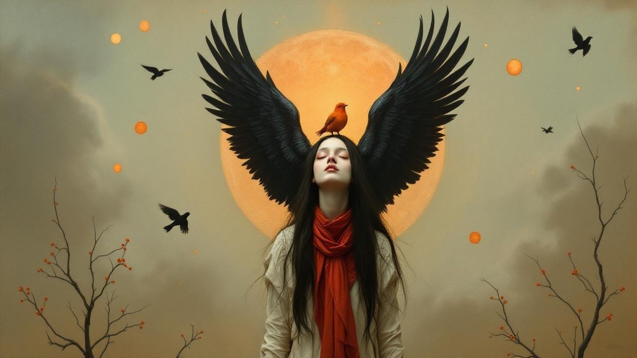 Mystical Figure with Wings and Full Moon Background