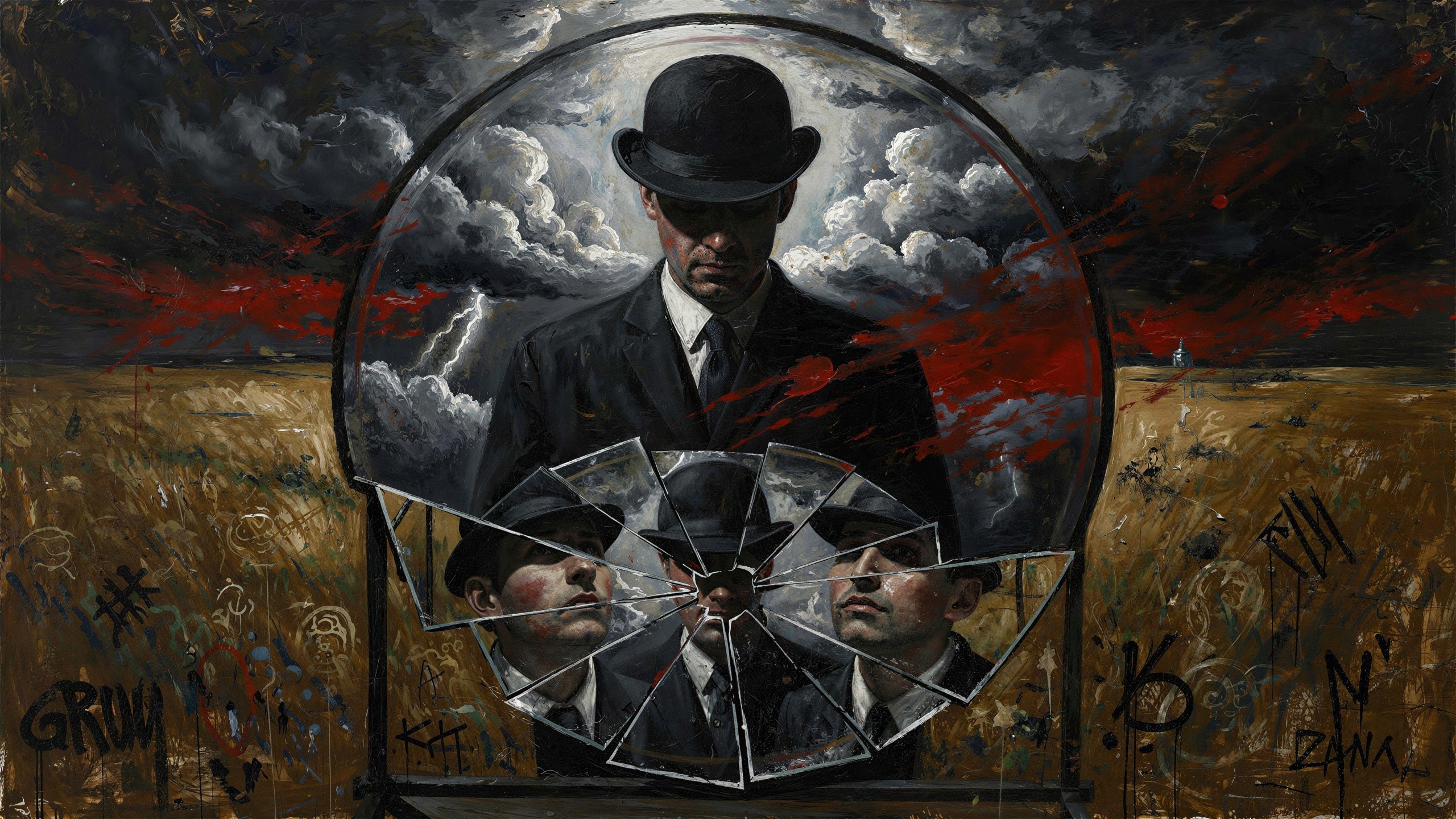 Dramatic Painting of Man in Suit Under Stormy Sky