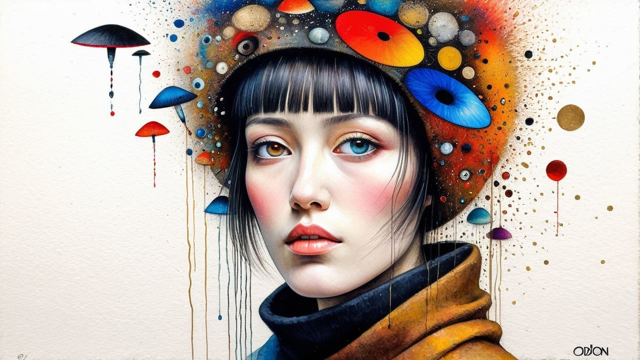 Portrait of a woman with vibrant headpiece and serene expression