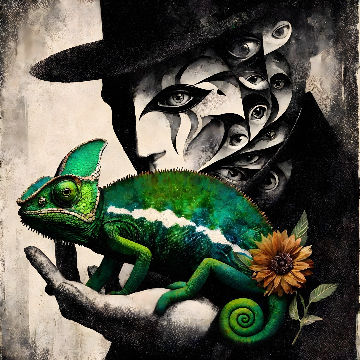 Surrealist artwork: man in hat with eye-covered faces, holding green chameleon and flower
