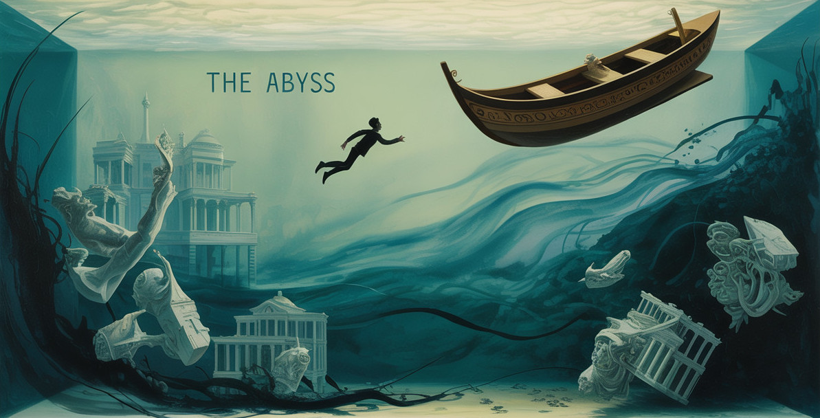 Underwater Scene with Ruins and Floating Boat