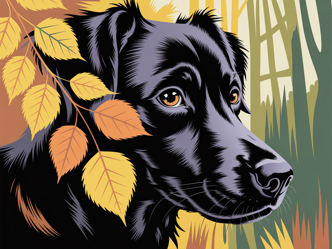 Stylized Illustration of a Black Dog in Autumn Leaves