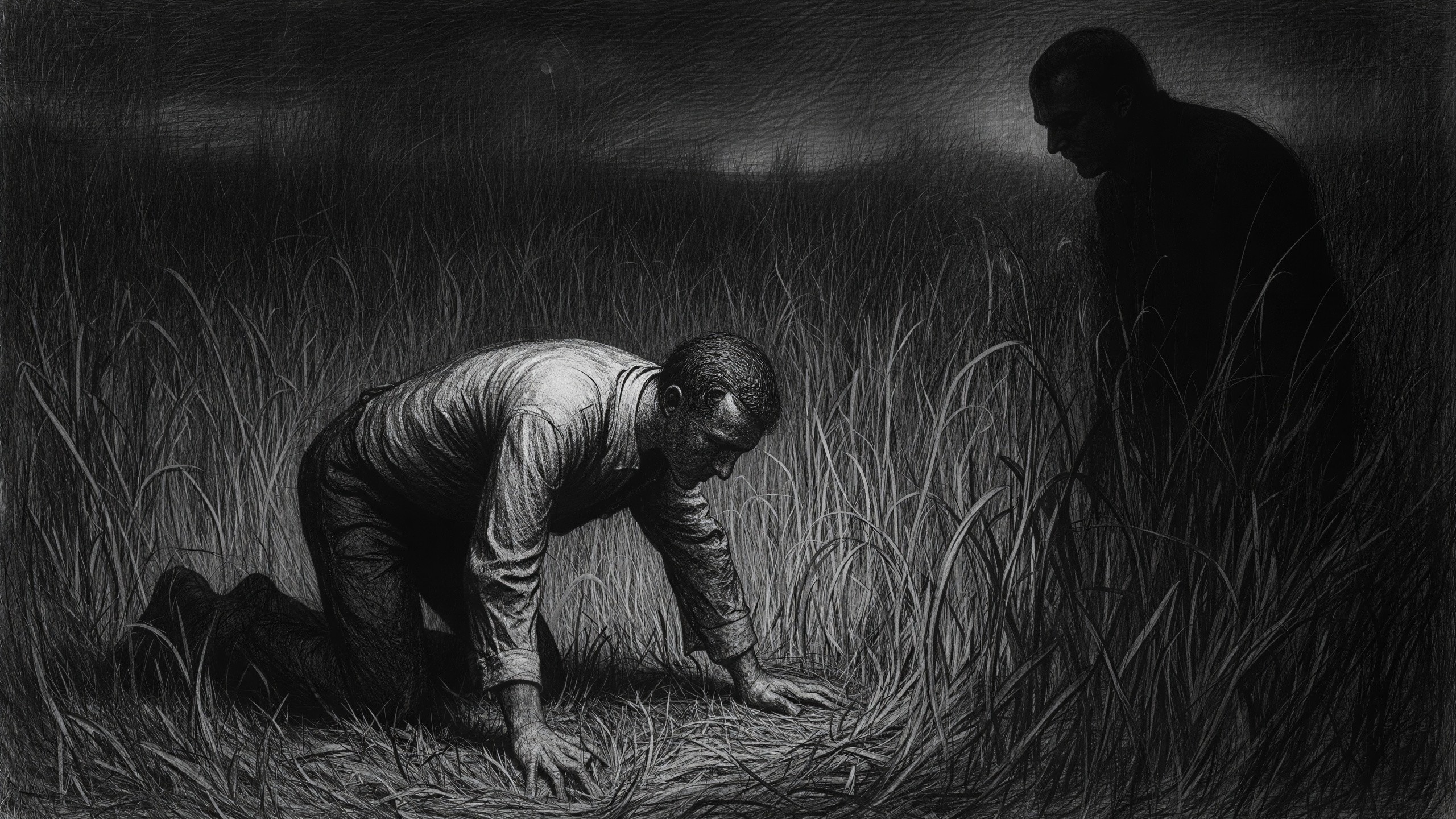 Black and white scratchboard-style image of a man in grass