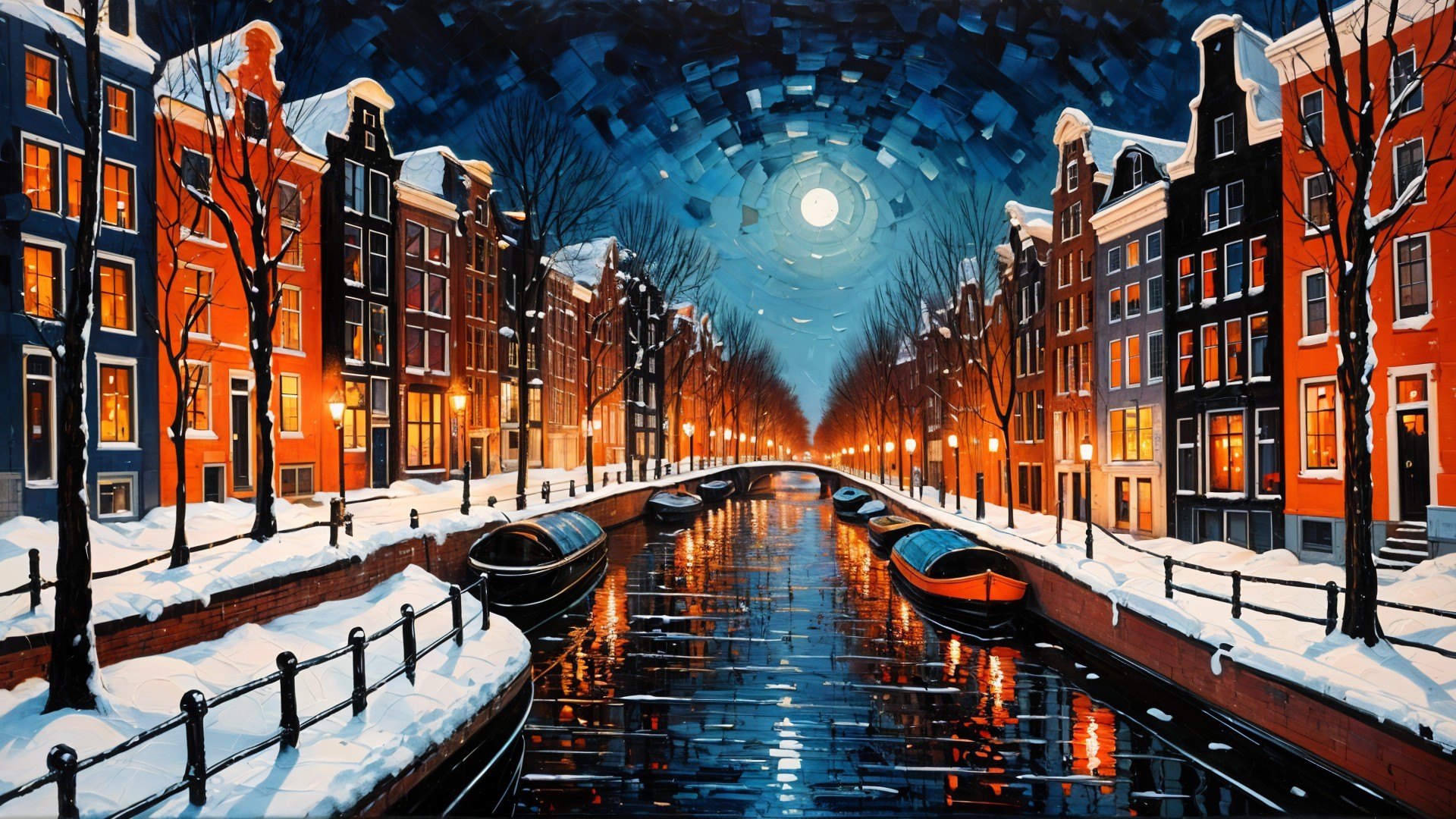 Winter Night in Amsterdam with Snowy Canals and Lights