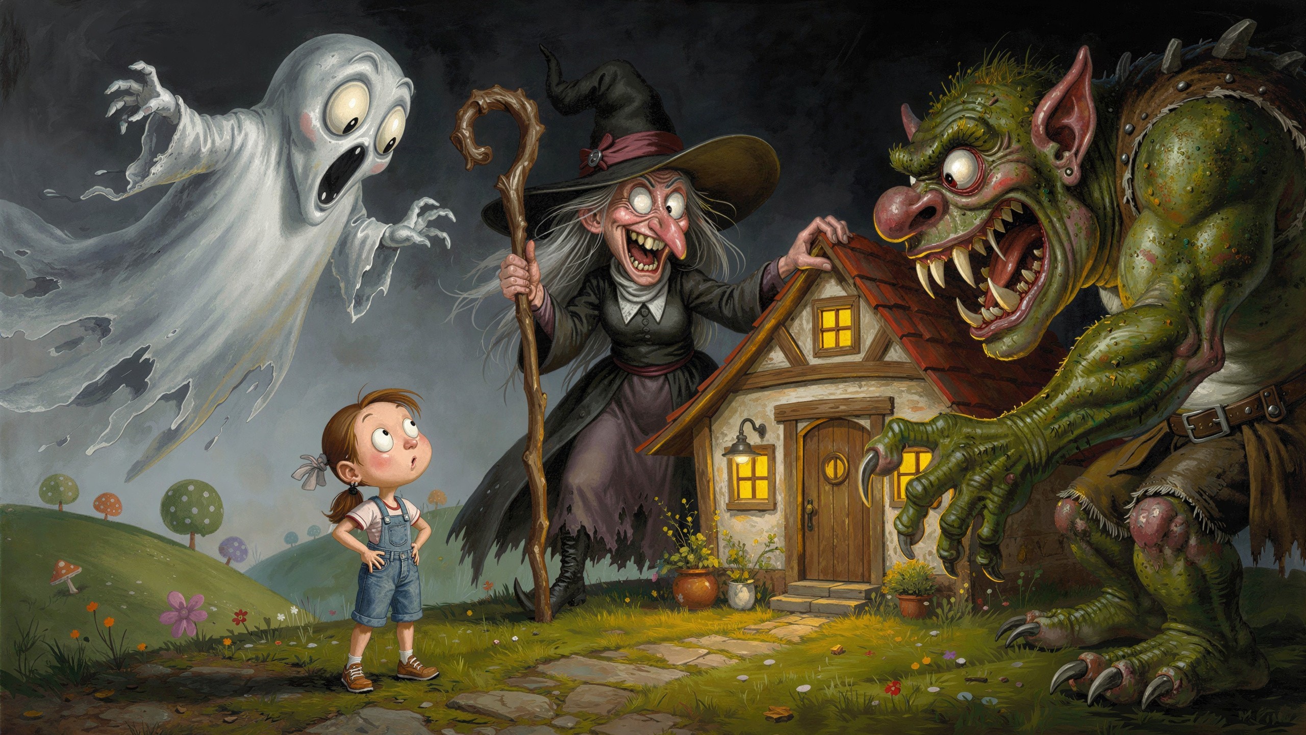 Whimsical Illustration of Fantasy Characters and Landscape