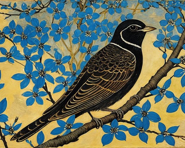 Bird with Black and Brown Plumage Among Blue Flowers