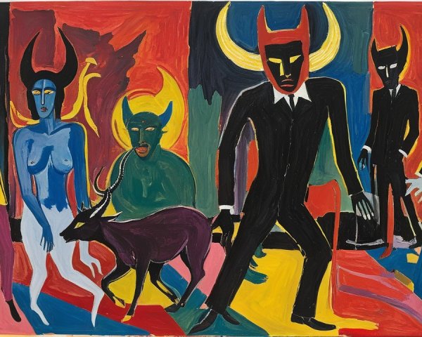 Vibrant Abstract Artwork with Human-Animal Figures