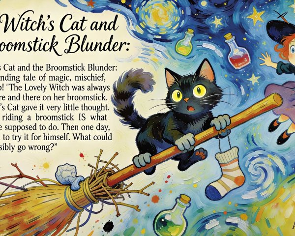 Vibrant Illustration of a Cat and Witch in Flight