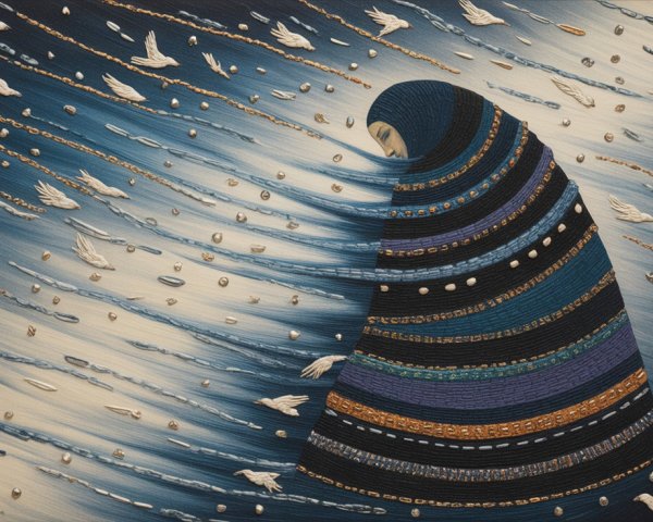 Cloaked Figure in Vibrant Textiles with Soaring Birds