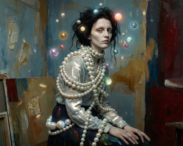 Pale Woman Surrounded by Ethereal Orbs and Pearls