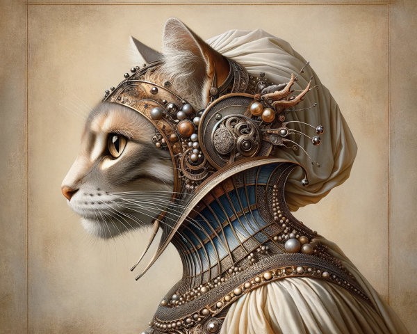 Steampunk-Inspired Armored Cat with Elegant Headpiece