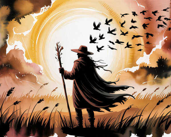 Silhouetted Figure with Staff Against Vibrant Sunset