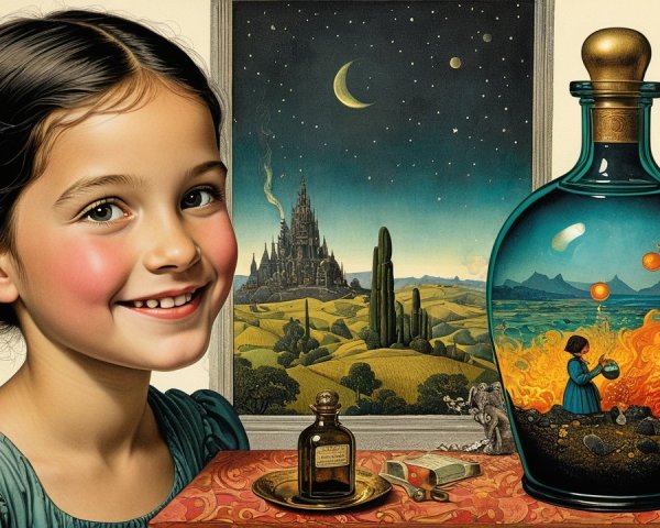 Surreal Landscape with Girl and Enchanted Bottles