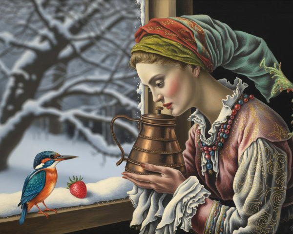 Woman in traditional attire with copper jug in winter