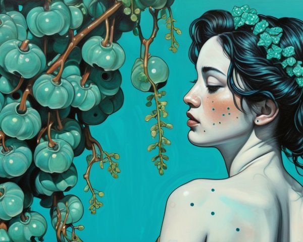 Profile of a Woman with Floral Crown and Grapes