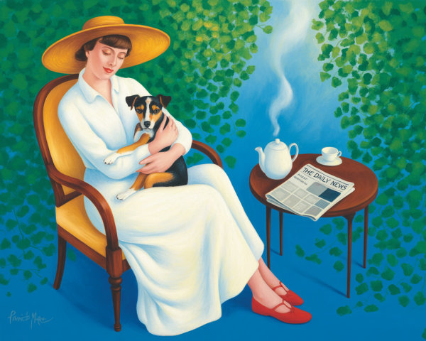 Serene Woman in Hat with Dog in Lush Green Setting