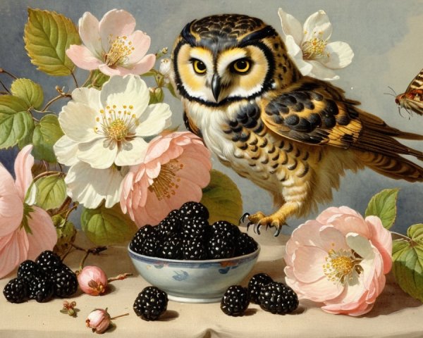 Still Life with Owl, Blackberries, and Blossoms