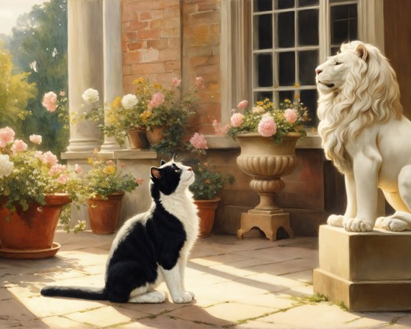 Tuxedo Cat on Patio with Lion Statue and Plants