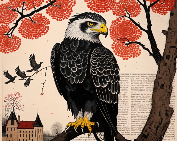 Black and white eagle on branch with autumn scenery