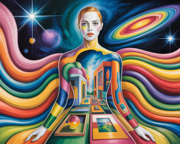 Colorful Artwork of Woman in Cosmic Scene