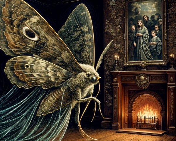 Giant Moth in a Dimly Lit Room with Rich Textures