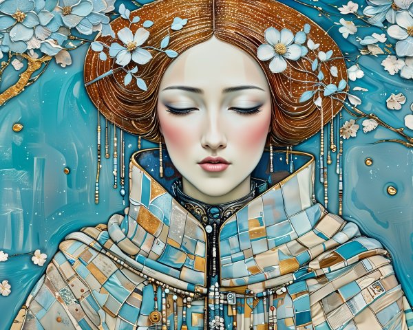 Serene woman with intricate hair and floral adornments