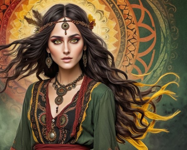 Young Woman with Flowing Hair and Vibrant Background