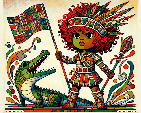 Vibrant Illustration of a Warrior Girl and Crocodile