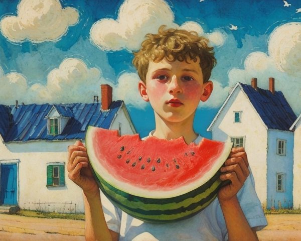 Young boy with watermelon in summer scenery