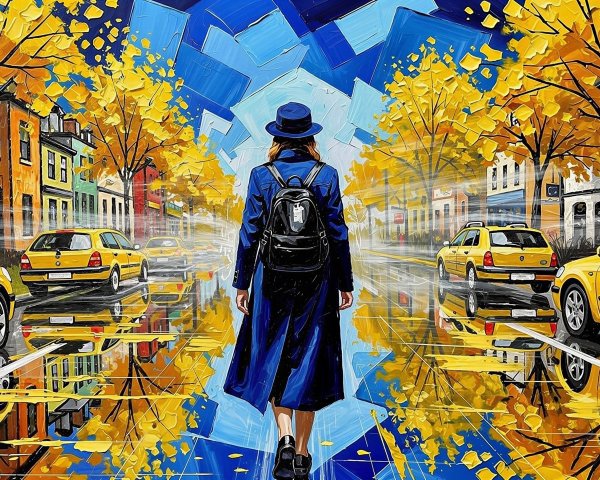 Autumn City Street Scene with Vibrant Impasto Painting