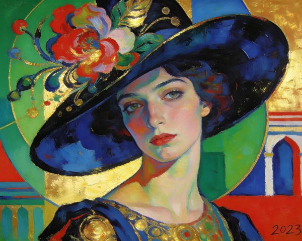 Vibrant Portrait of a Woman with Ornate Hat and Flora