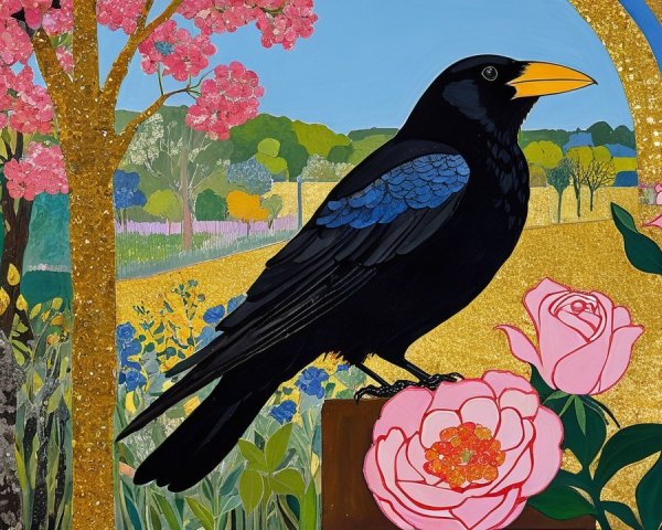 Vibrant Artwork of Black Bird Among Pink Roses