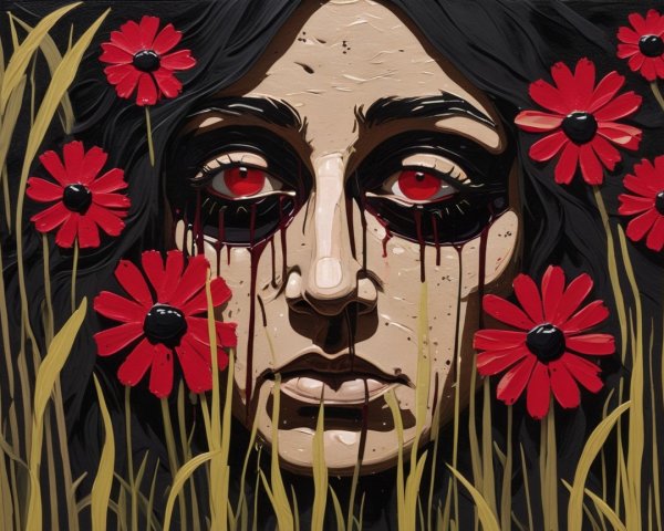 Haunting Portrait of a Woman with Red Eyes and Flowers