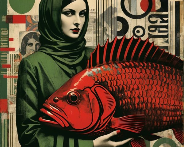 Woman in Green Cloak Holding Vibrant Red Fish