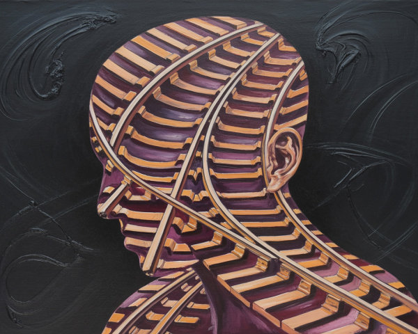 Stylized Human Head with Intricate Railway Patterns