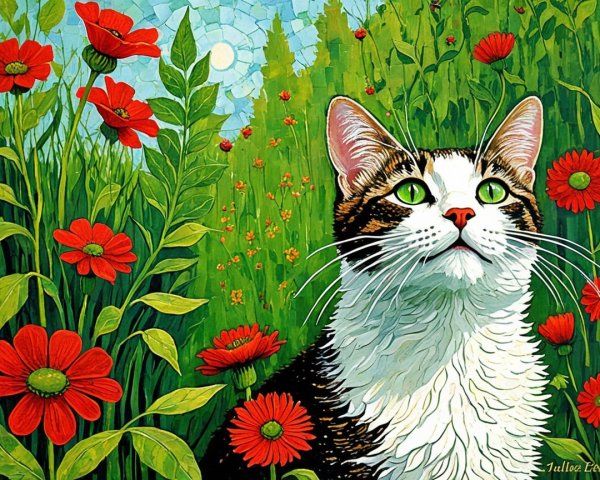 Colorful Painting of a Cat in Nature with Green Eyes