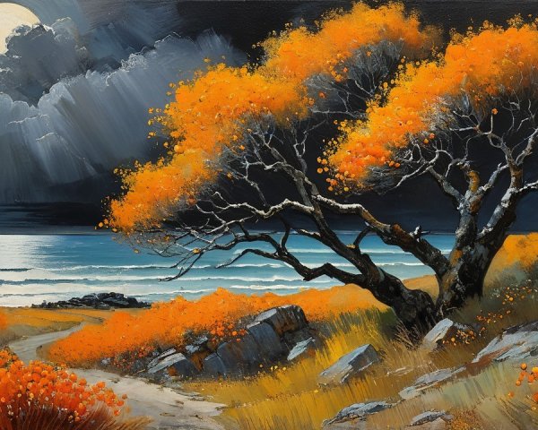 Twisted Tree with Orange Foliage in Dramatic Landscape