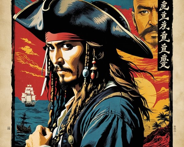Dramatic Pirate Illustration with Sunset Background