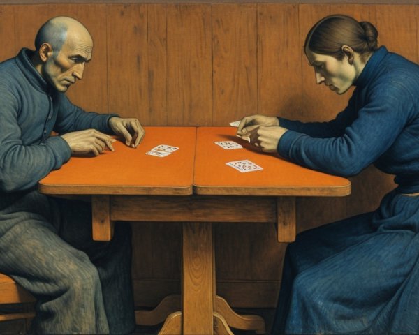 Two Figures Playing Cards at a Wooden Table