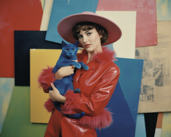 Stylish woman in red coat with blue cat and art backdrop