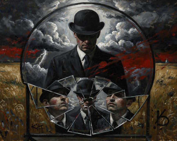 Dramatic Painting of Man in Suit Under Stormy Sky