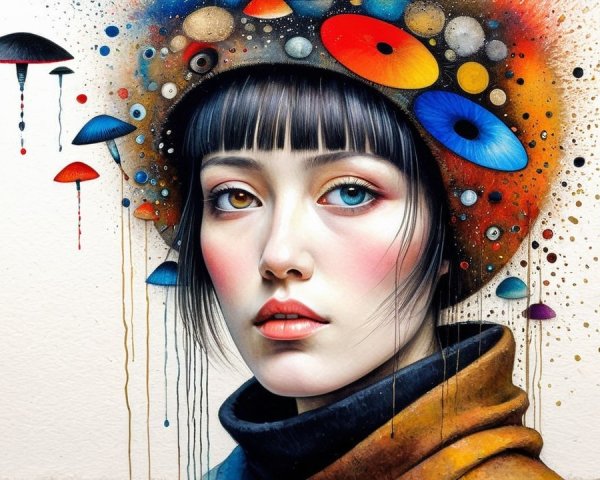 Portrait of a woman with vibrant headpiece and serene expression