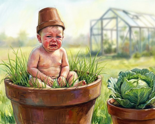 Watercolor Painting of a Sad Baby in a Garden