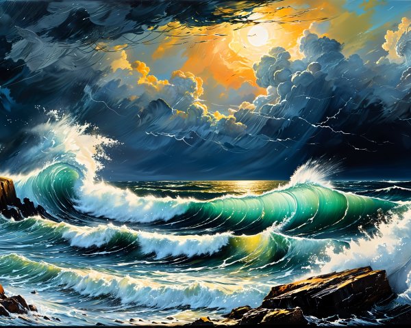 Dramatic Seascape at Sunset with Turbulent Waves