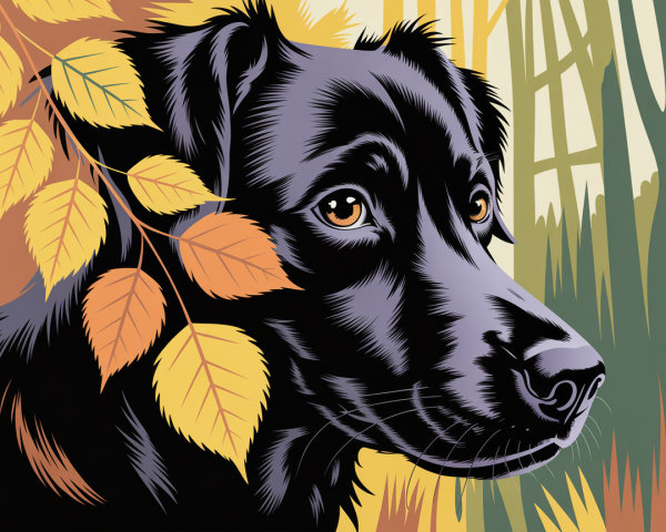 Stylized Illustration of a Black Dog in Autumn Leaves