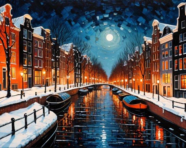 Winter Night in Amsterdam with Snowy Canals and Lights