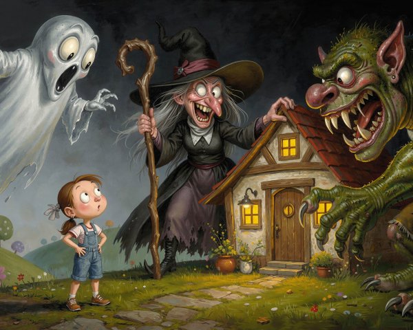 Whimsical Illustration of Fantasy Characters and Landscape